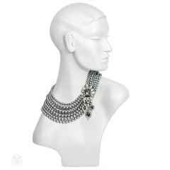 Nine-row Swarovski grey pearl necklace with clear and black diamond cluster side element