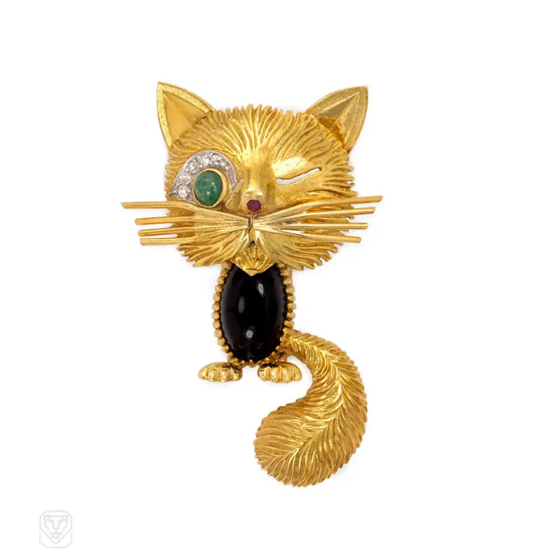 Onyx And Gold Chat Malicieux Brooch