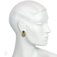 Orange-gold glass and jonquil crystal beaded ball earrings