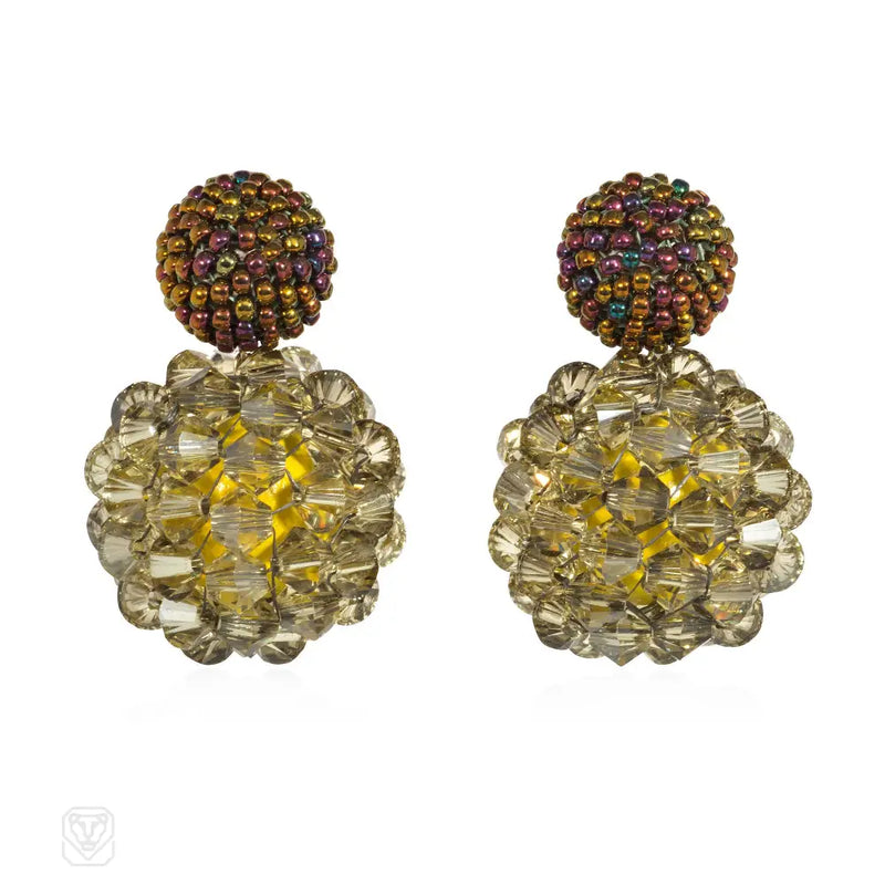 Orange - Gold Glass And Jonquil Crystal Beaded Ball Earrings