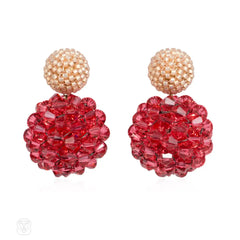 Orange-white glass and pink crystal beaded ball earrings