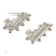 Pair of Art Deco diamond and ruby dress clip brooches