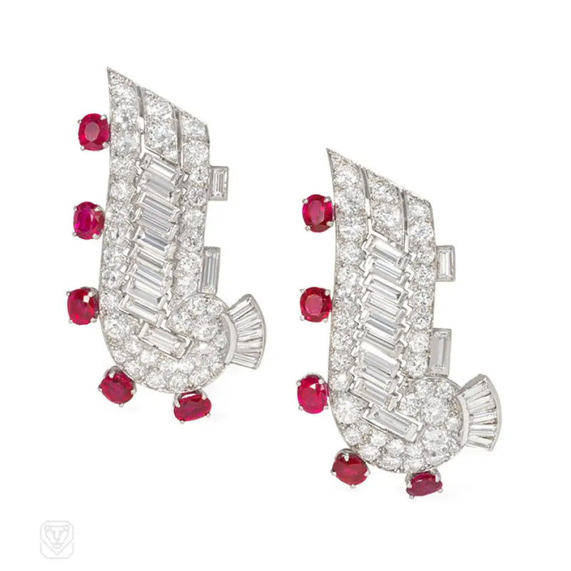 Pair of Art Deco diamond and ruby dress clip brooches fine brooches