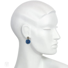 Palladium-plated glass and blue crystal beaded ball earrings