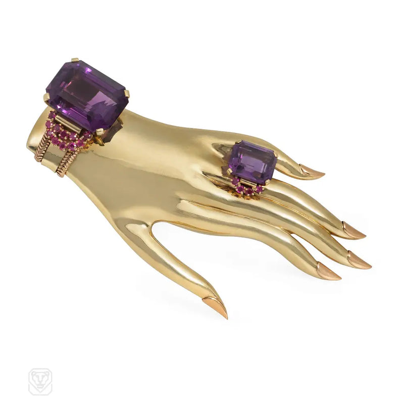 Paul Flato Retro Gold And Amethyst Hand Brooch