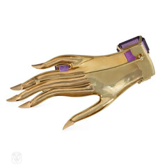 Paul Flato Retro gold and amethyst hand brooch