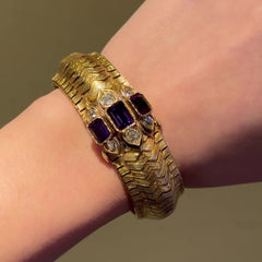 Antique gold strap bracelet with diamond and amethyst ornament