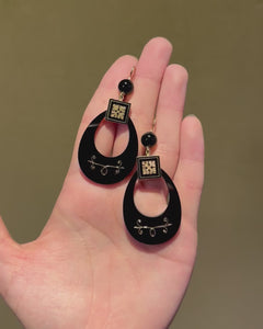 Antique carved onyx hoop earrings with gold and enamel tracery
