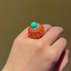 Mid-Century coral and turquoise cocktail ring