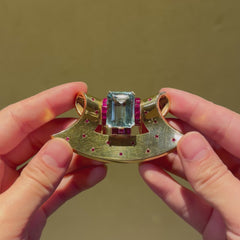 Retro gold, aquamarine, and ruby fan-shaped brooch