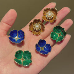 Boucheron, Paris interchangeable pearl, enamel and diamond flower earrings