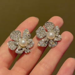 Mid-Century pearl and diamond flower earrings