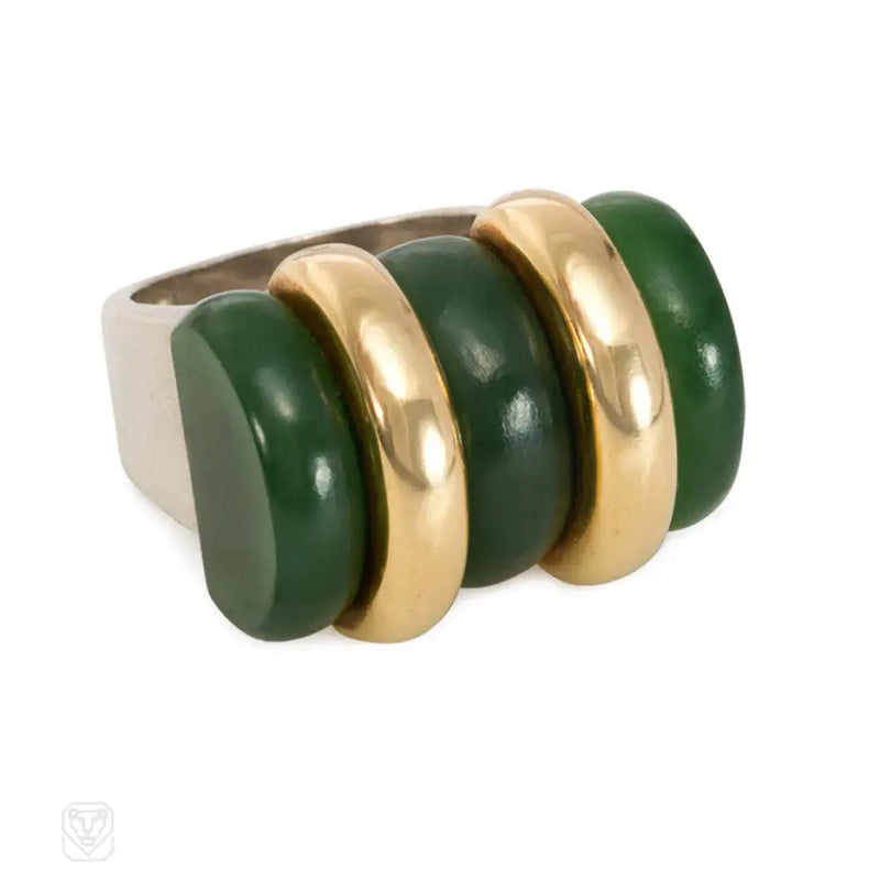 Puiforcat Art Deco Nephrite Jade Gold And Sterling Silver Ring.