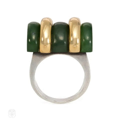 Puiforcat Art Deco nephrite jade, gold, and sterling silver ring.