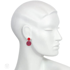 Red and blue mismatched hand beaded ball earrings