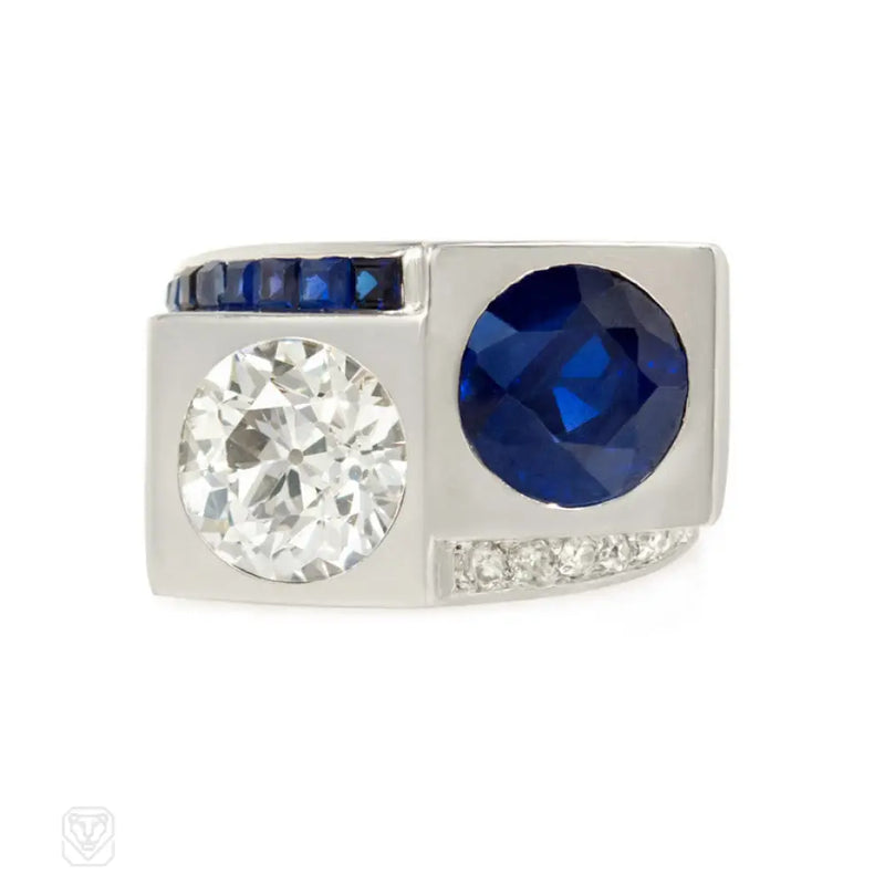 René Boivin Art Deco Diamond And Sapphire Ring France
