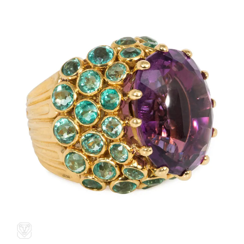 René Boivin Retro amethyst and emerald cocktail ring