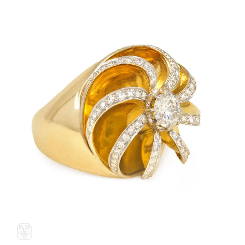 René Boivin Retro Gold And Diamond Swirl Ring