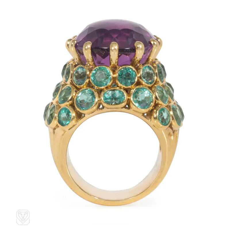 René Bovin Retro amethyst and emerald cocktail ring