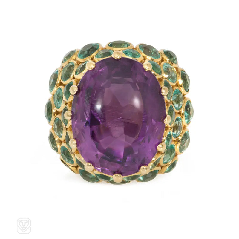 René Bovin Retro amethyst and emerald cocktail ring