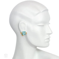 Retro aquamarine three-color gold earrings