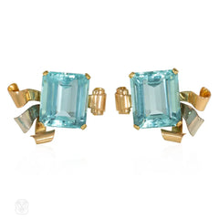 Retro aquamarine three-color gold earrings