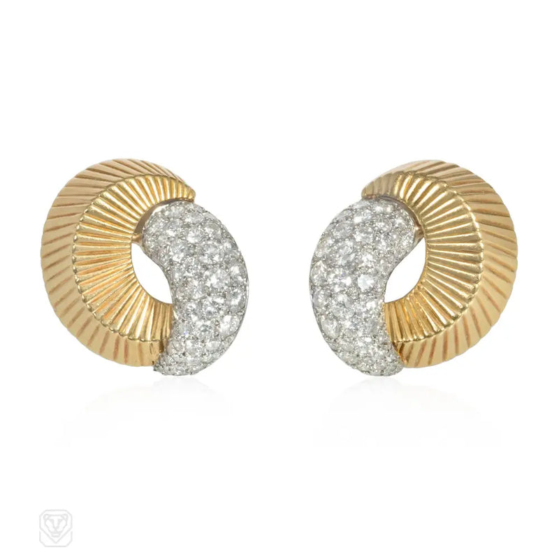 Retro Cartier Gold And Diamond Earrings Convertible To Brooches