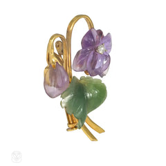 Retro carved amethyst and nephrite flower brooch