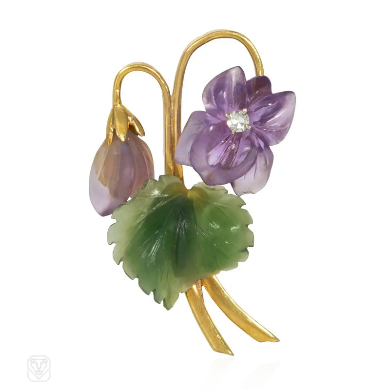 Retro Carved Amethyst And Nephrite Flower Brooch