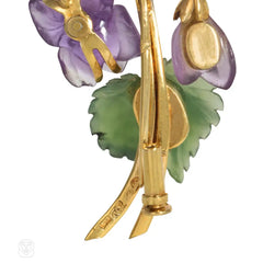 Retro carved amethyst and nephrite flower brooch