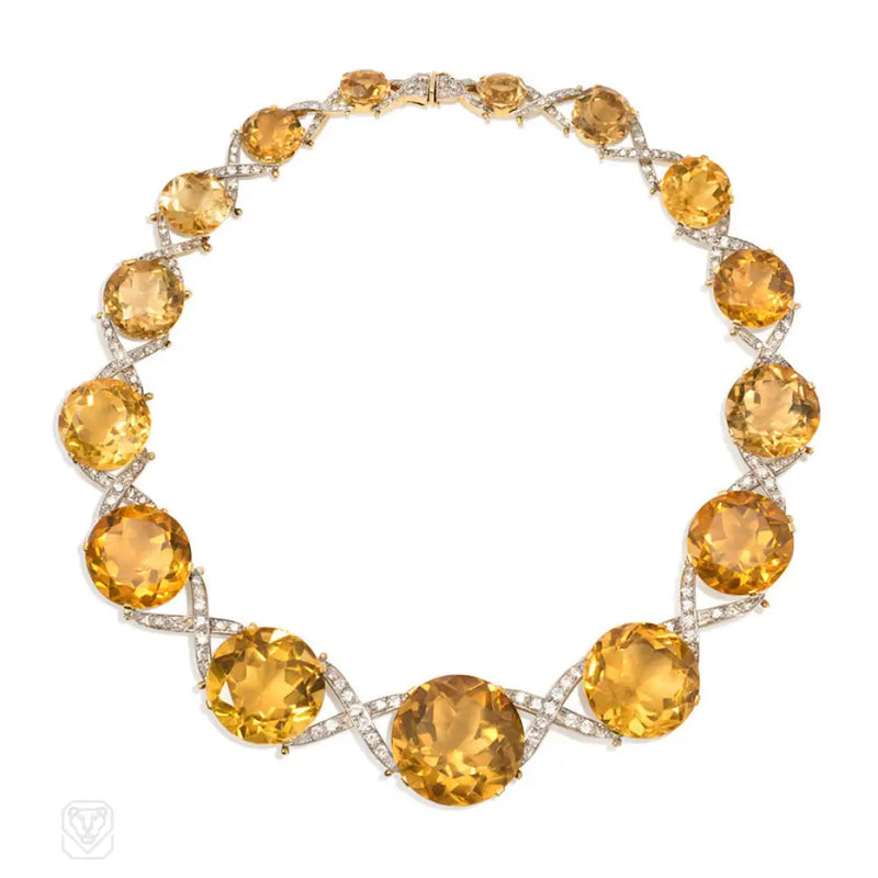 Retro Citrine And Diamond X - Form Necklace