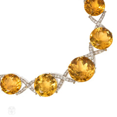 Retro citrine and diamond X-form necklace