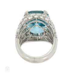 Retro cushion-cut aquamarine and diamond ring