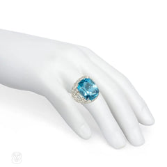 Retro cushion-cut aquamarine and diamond ring