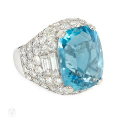 Retro cushion-cut aquamarine and diamond ring