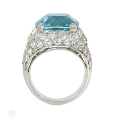 Retro cushion-cut aquamarine and diamond ring