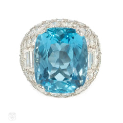 Retro cushion-cut aquamarine and diamond ring