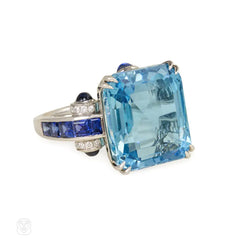 Retro diamond, sapphire and aquamarine ring