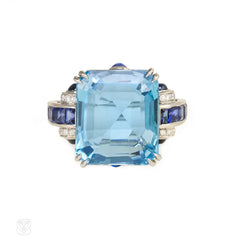 Retro diamond, sapphire and aquamarine ring