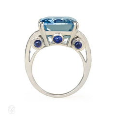 Retro diamond, sapphire and aquamarine ring