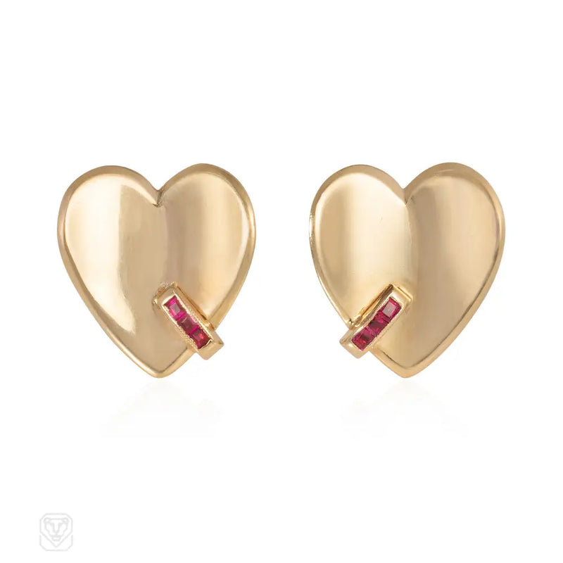 Retro Flato ruby and gold heart earrings