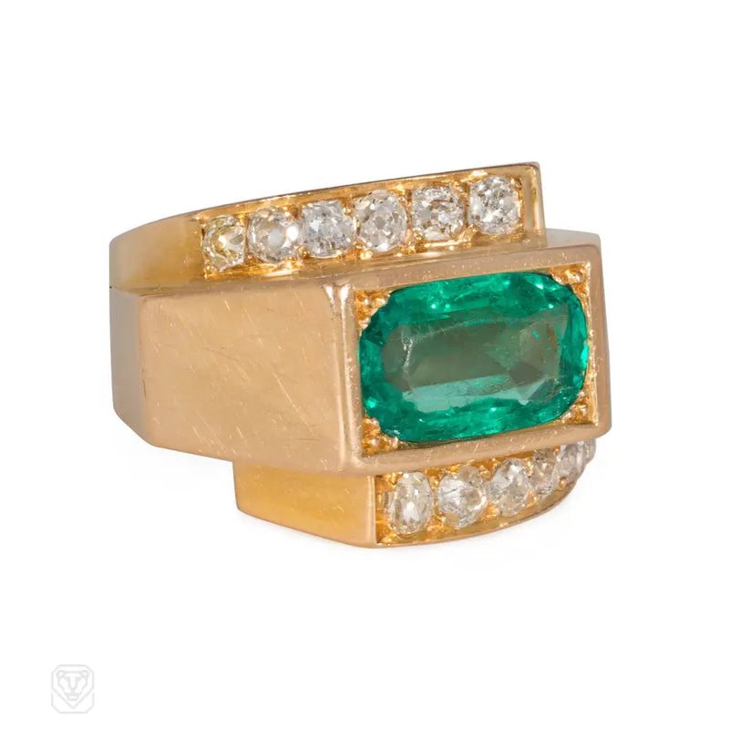 Retro French Emerald Diamond And Gold Geometric Ring