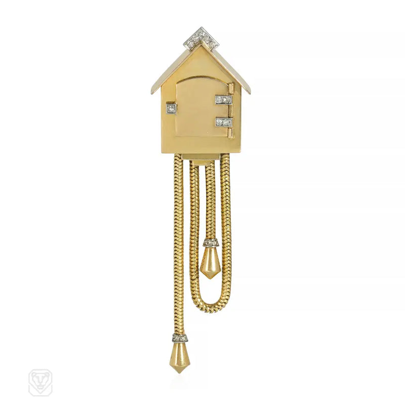 Retro French Gold And Diamond Cuckoo Clock Brooch - Watch