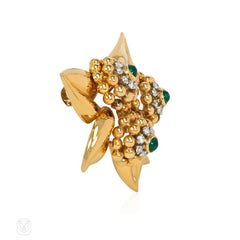 Retro French gold, emerald, and diamond foliate motif brooch