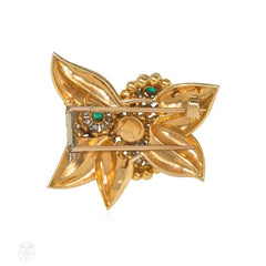 Retro French gold, emerald, and diamond foliate motif brooch