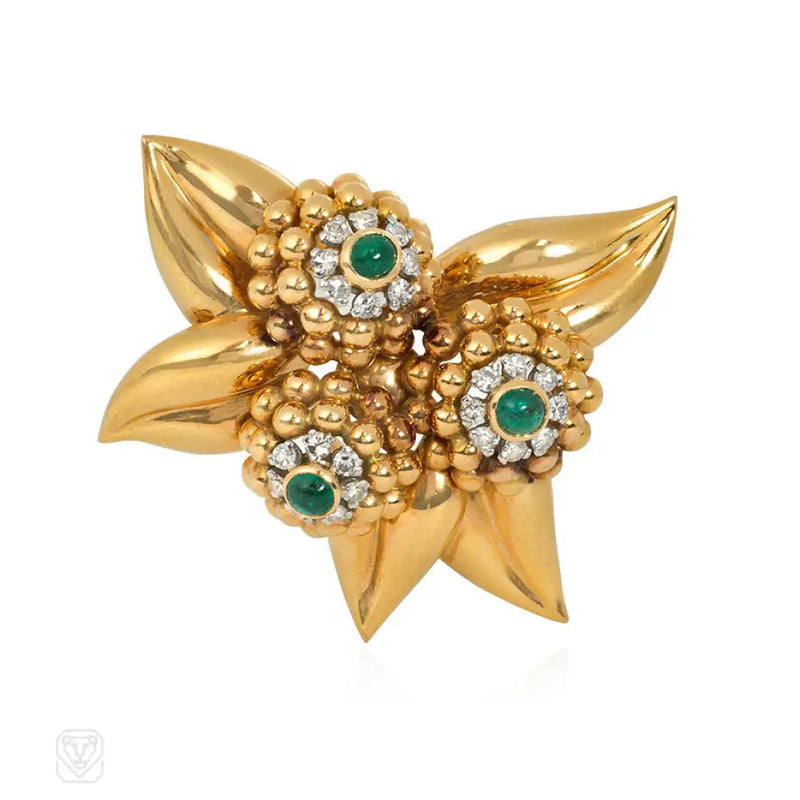 Retro French Gold Emerald And Diamond Foliate Motif Brooch