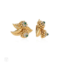 Retro French gold, emerald, and diamond foliate motif earrings