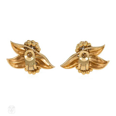 Retro French gold, emerald, and diamond foliate motif earrings