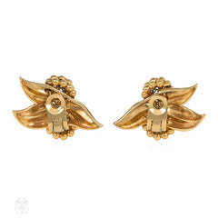 Retro French gold, emerald, and diamond foliate motif earrings