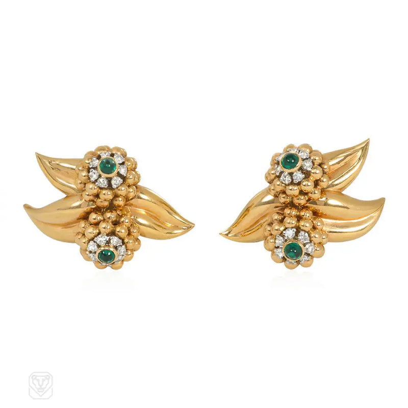 Retro French Gold Emerald And Diamond Foliate Motif Earrings